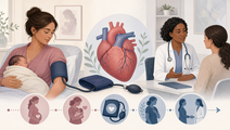 Stylized postpartum blood pressure cuff and heart representing hypertension follow up after pregnancy