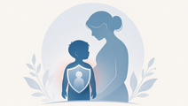 Child silhouette with maternal figure icon representing elevated pediatric injury risk after maternal assault