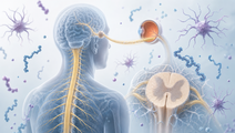 Spinal cord and optic nerve illustration showing GFAP and NfL biomarker changes in NMOSD