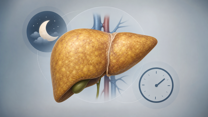Stylized liver with steatosis cues beside sleep moon and nap clock representing MASLD risk