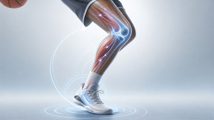 Lower limb knee and ankle illustration showing VR assisted neuromuscular training for basketball agility