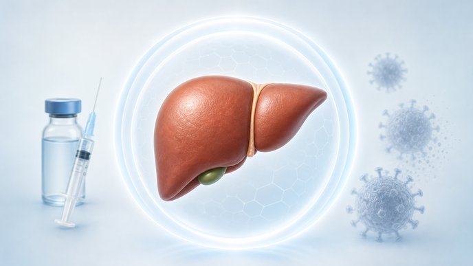 Simplified liver with a protective halo representing hepatitis B vaccination and chronic HBV infection prevention