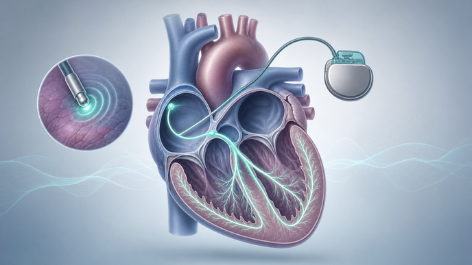 Stylized heart with conduction pathway illustrating conduction system pacing for atrioventricular block