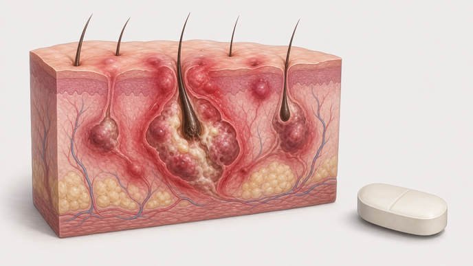 Inflamed hidradenitis suppurativa skin tissue with oral treatment concept and nodular lesions