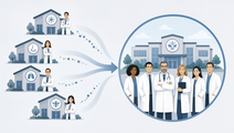 Stylized allergist practice icons shifting into a larger multispecialty group symbol