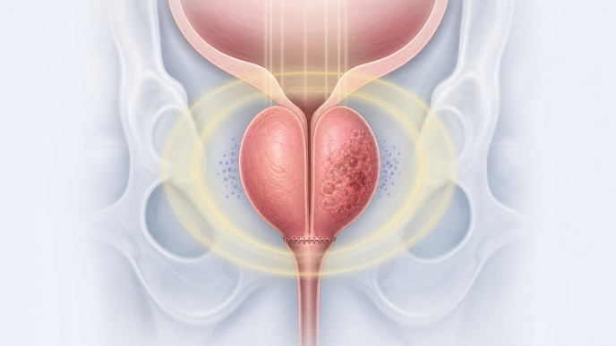 Simplified prostate gland with adverse pathology cues and radiotherapy context