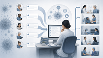 Stylized oncology communication workflow with portal messages and office visit icons