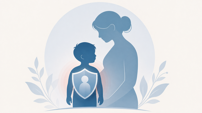 Child silhouette with maternal figure icon representing elevated pediatric injury risk after maternal assault