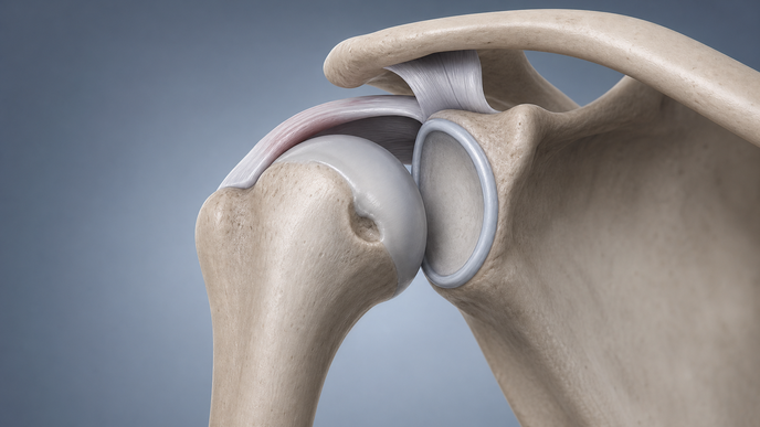 Illustrated shoulder joint showing a HillSachs defect near the glenoid rim in anterior instability