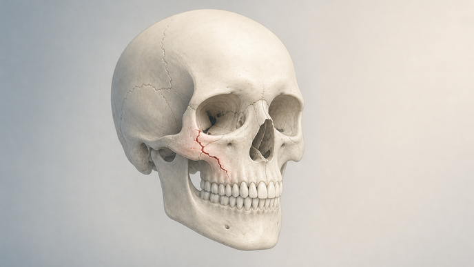 Simplified skull illustration highlighting a facial fracture in a restrained clinical color palette