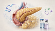 Stylized pancreas and adipose tissue with GLP1 medication vial icons representing compounded semaglutide and tirzepatid