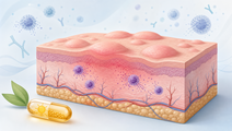 Skin cross section showing urticaria wheals with a vitamin D capsule icon
