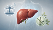 Stylized liver with telehealth signal icon representing stepped alcohol treatment in chronic liver disease