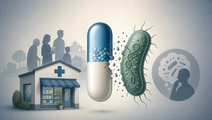 Stylized antibiotic capsule beside bacterial cell and pharmacy icon representing community misuse and AMR