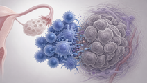 Ovarian tumor microenvironment showing T cells and macrophages forming an immune cell contact interface