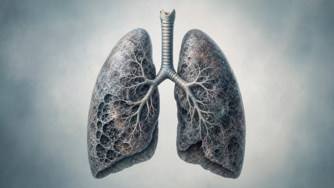 Simplified lungs with obstructed airways illustrate advanced COPD and associated palliative care needs