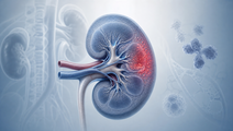 Stylized kidney with biomarker signal representing circulating KIM1 in lupus nephritis