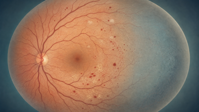 Illustrated retina with peripheral capillary nonperfusion in diabetic retinopathy visible across a broad imaging field