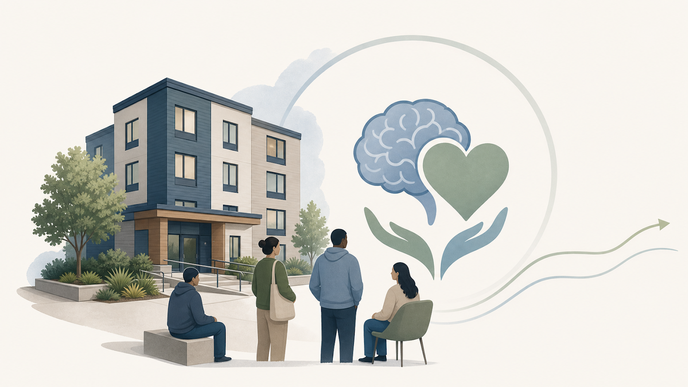 Supportive housing building with brain and heart symbols representing mental health and wellbeing