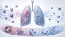 Simplified lungs with cytokine signals illustrating COVID severity and post acute immune patterns