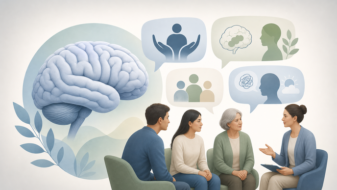 Simplified brain and patient caregiver icons illustrating psychosis psychoeducation and AI support