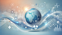 Globe with medical icons heart rate symbols and data graphs representing global healthcare technology