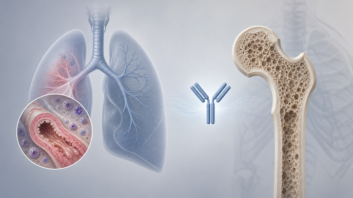 Simplified lung and bone illustration representing anti IgE therapy and bone preservation in allergic airway inflammation