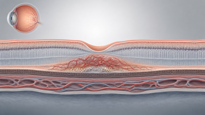 Illustrated macular cross section showing abnormal retinal vessels associated with wet age related macular degeneration