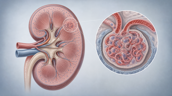 Illustrated kidney crosssection showing subtle glomerular changes associated with IgA nephropathy