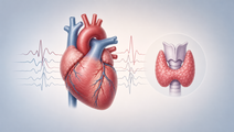 Simplified heart with ECG dispersion lines and thyroid gland icon in overt hyperthyroidism