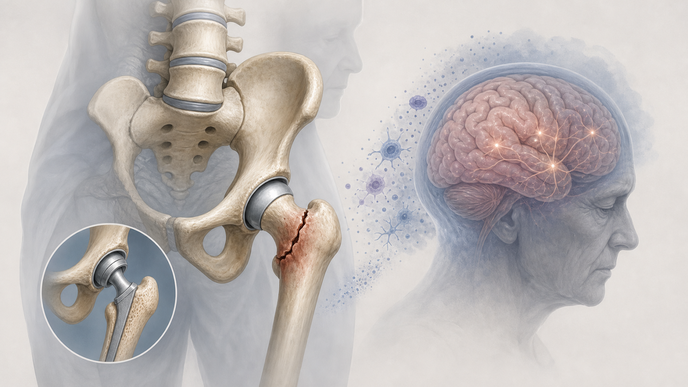Hip fracture anatomy with brain cue representing postoperative delirium risk after sedation
