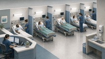 Simplified emergency department treatment bays illustrate overcrowding and strained patient care capacity