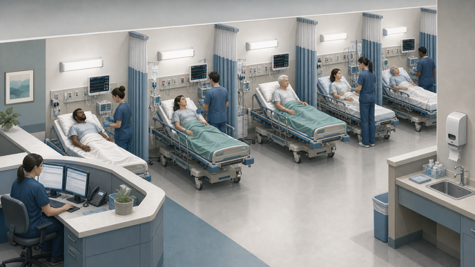 Simplified emergency department treatment bays illustrate overcrowding and strained patient care capacity