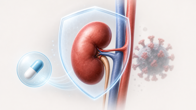 Kidney transplant graft with antiviral pill and COVID 19 viral particle cue