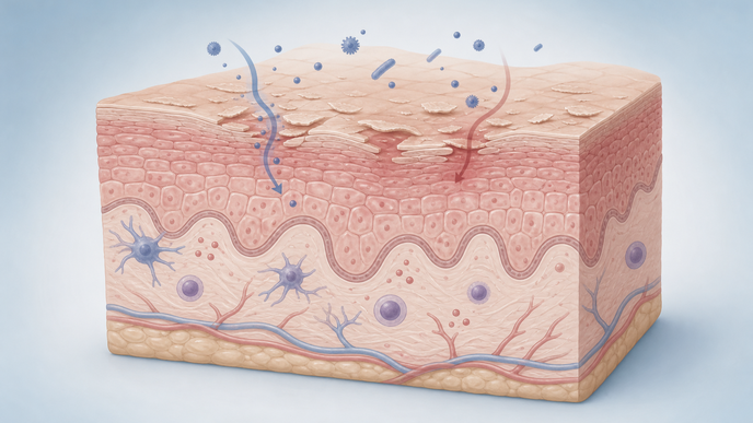 Illustrated cross section of atopic dermatitis skin showing a mildly disrupted surface barrier