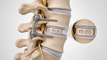 Illustrated lumbar spine with lower segment fusion context for degenerative spondylolisthesis