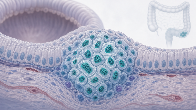 Simplified colorectal cancer tissue showing PRMT1 overexpression in tumor cell nuclei