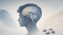 Illustrated adolescent brain with nearby tablets representing depression and prescription psychotherapeutic drug misuse