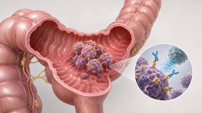 Stylized colon with TROP2 positive colorectal cancer cells and targeted therapy response