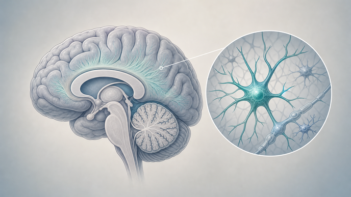 Illustrated brain with highlighted glial cells representing GFAP related Alexander disease