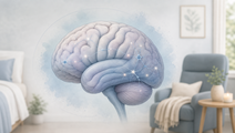 Simplified brain illustration showing dementia agitation treatment with THCCBD context