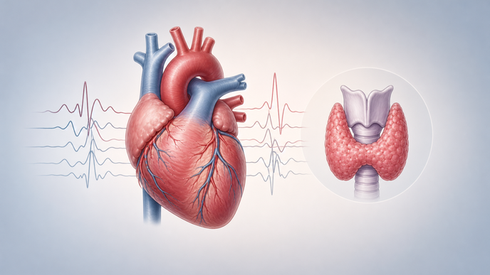 Simplified heart with ECG dispersion lines and thyroid gland icon in overt hyperthyroidism
