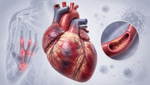 Illustrated heart showing rheumatoid arthritis related cardiovascular complications and heart failure