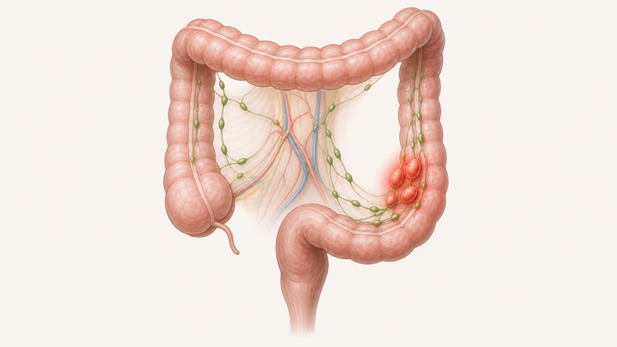 Colorectal cancer anatomy with highlighted regional lymph nodes suggesting metastasis risk