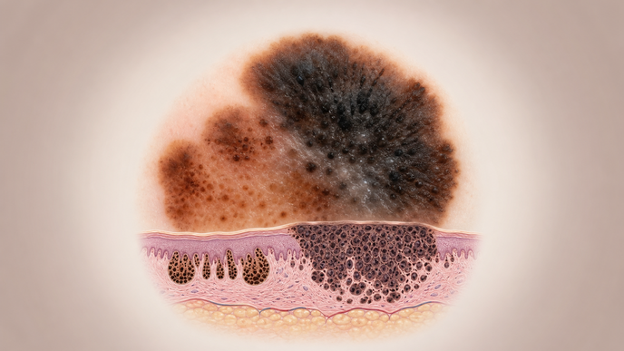 Dermoscopic melanoma lesion with residual nevus component and layered skin architecture