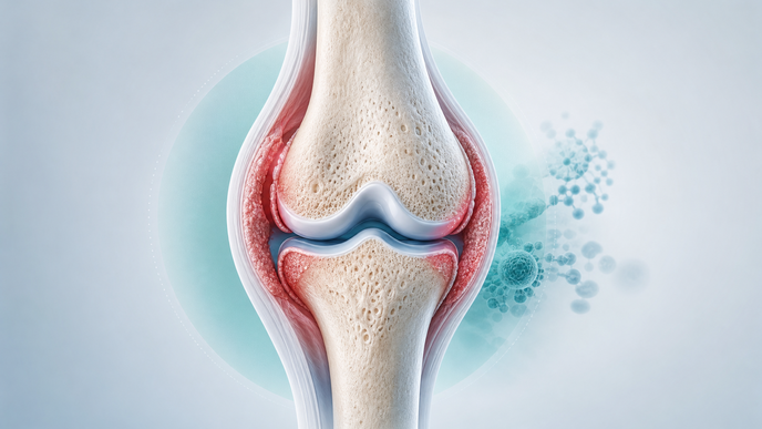 Illustrated rheumatoid arthritis synovial joint with subtle inflammation representing baricitinib safety labeling updates