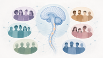 Simplified brain and spinal cord with grouped icons showing multiple sclerosis prevalence by demographic data