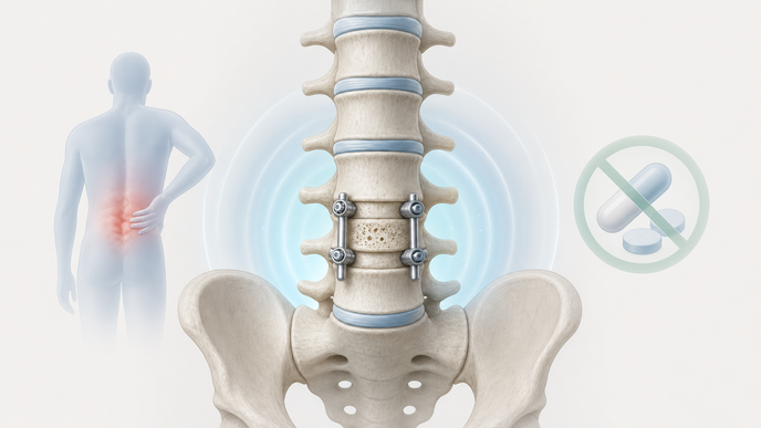 Simplified lumbar spine showing postoperative analgesia after lumbar fusion surgery