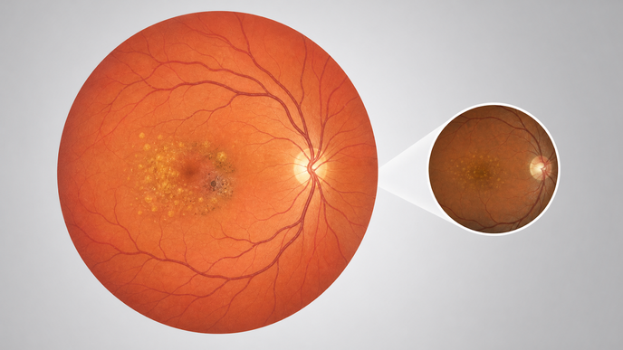 Stylized retina and macula showing age related macular degeneration lesions