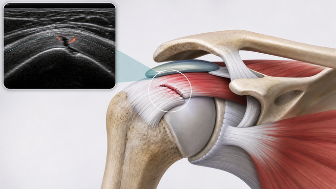 Shoulder joint illustration highlighting the supraspinatus tendon in an ultrasound diagnostic context